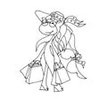 Cute fabulous unicorn with outlined for coloring book isolated on a white background. Unicorns in a hat with purchases in hands. W